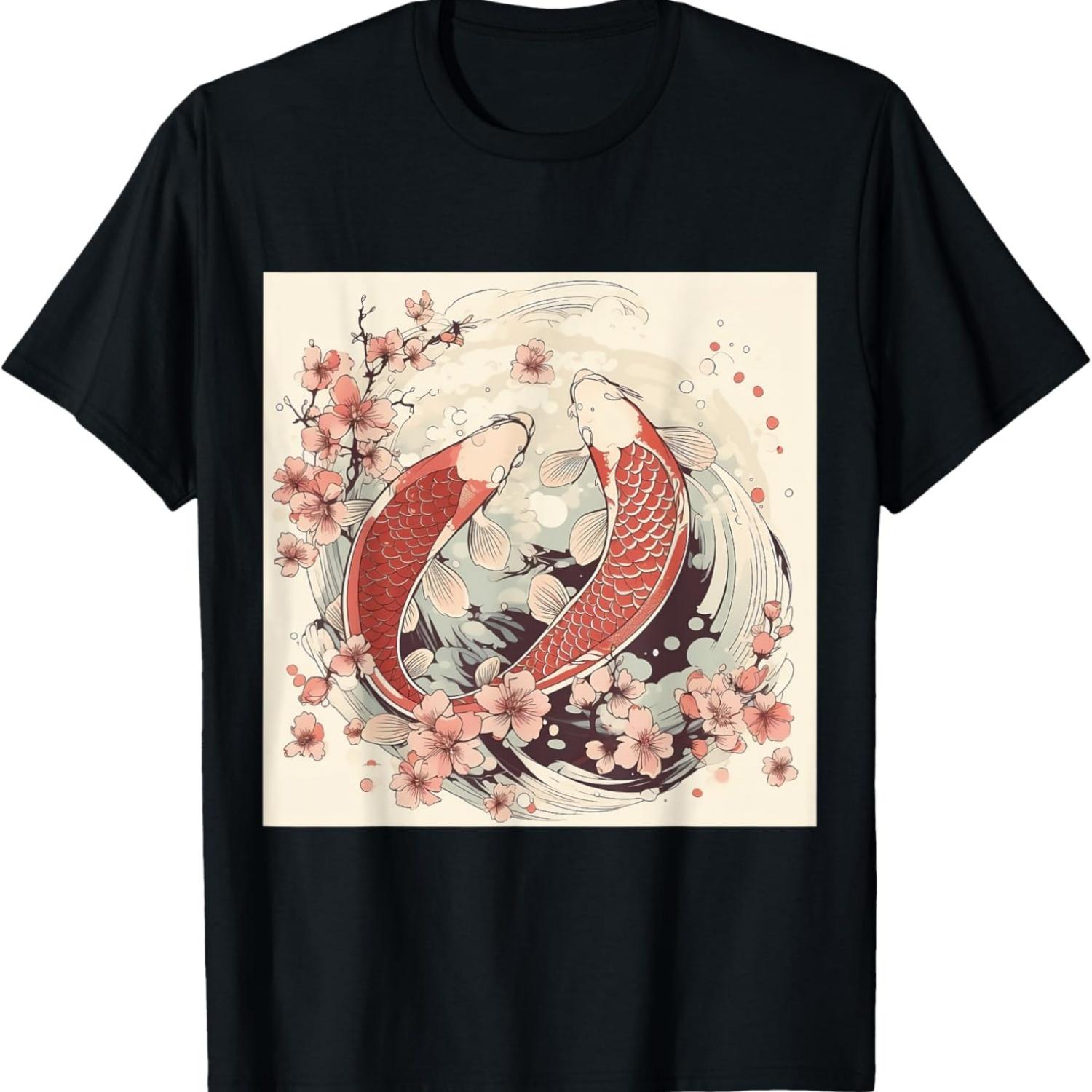 Tranquil Inspiration Koi Fish Cherry Blossom  Art T-Shirt S чёрный