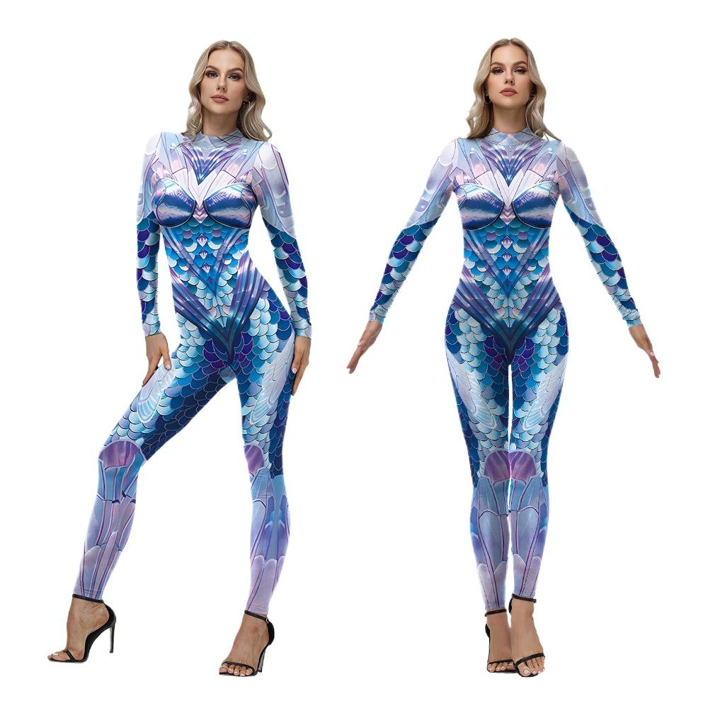 Vissenschub Zeemeermin 3D Digitale Print Eendelig Halloween Kostuum voor Volwassenen Vrouwen Feest Spel Speel Bedrukte Panty Jumpsuit