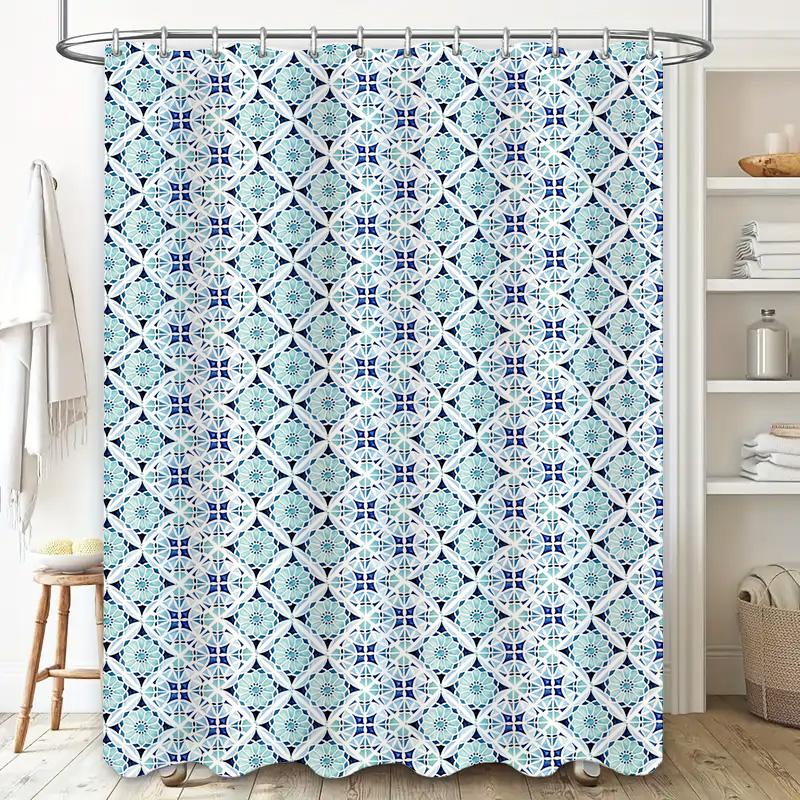 Blue White Geometric Shower Curtain with Floral Pattern for Bathroom Decorations Customizable Sizes Available On  Perf