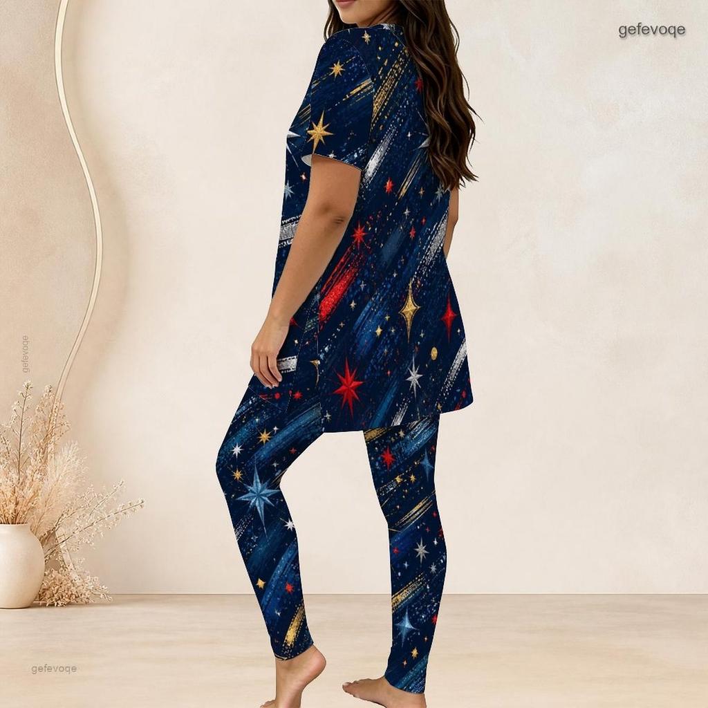 Women Plus Size Two Piece Set Round Neck Short Sleeve Star Stripe Printed Long Top Fitted Pants