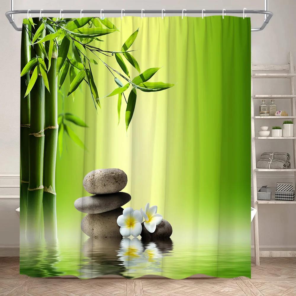 Zen Shower Curtain Landscape Green Bamboo River Lotus Stone Purple Orchid Plant Leaf Polyester Fabric Bathroom Decor Curtain