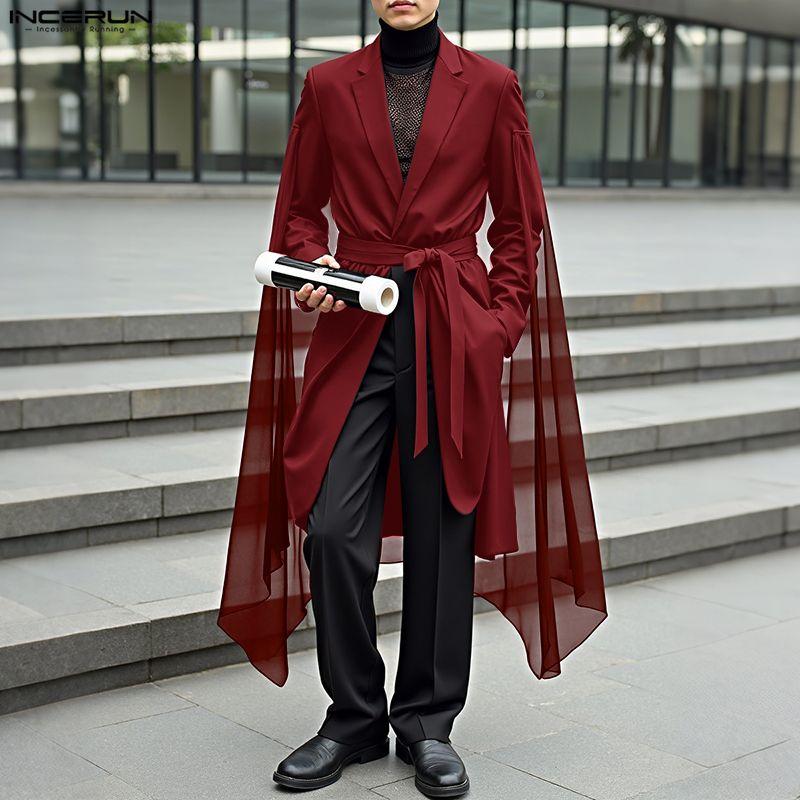 INCERUN Herren Langarm Gürtel Mesh Patchwork Unregelmäßig Lässig Dünne Lange Mäntel