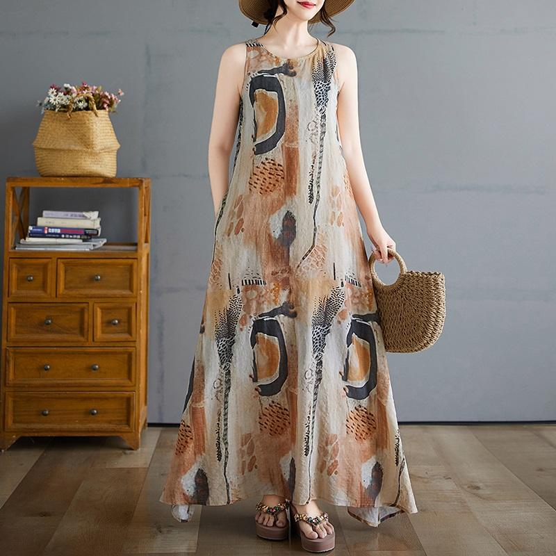 Sleeveless Plus Size Cotton Vintage Floral New In Dresses for Women Casual Loose Long Summer Dress