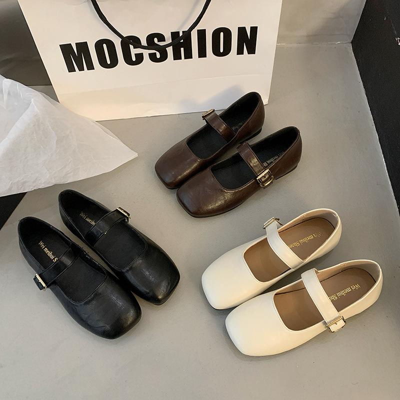 Shallow mouth 2025 spring new one-word belt versatile square head soft sole small leather shoes women