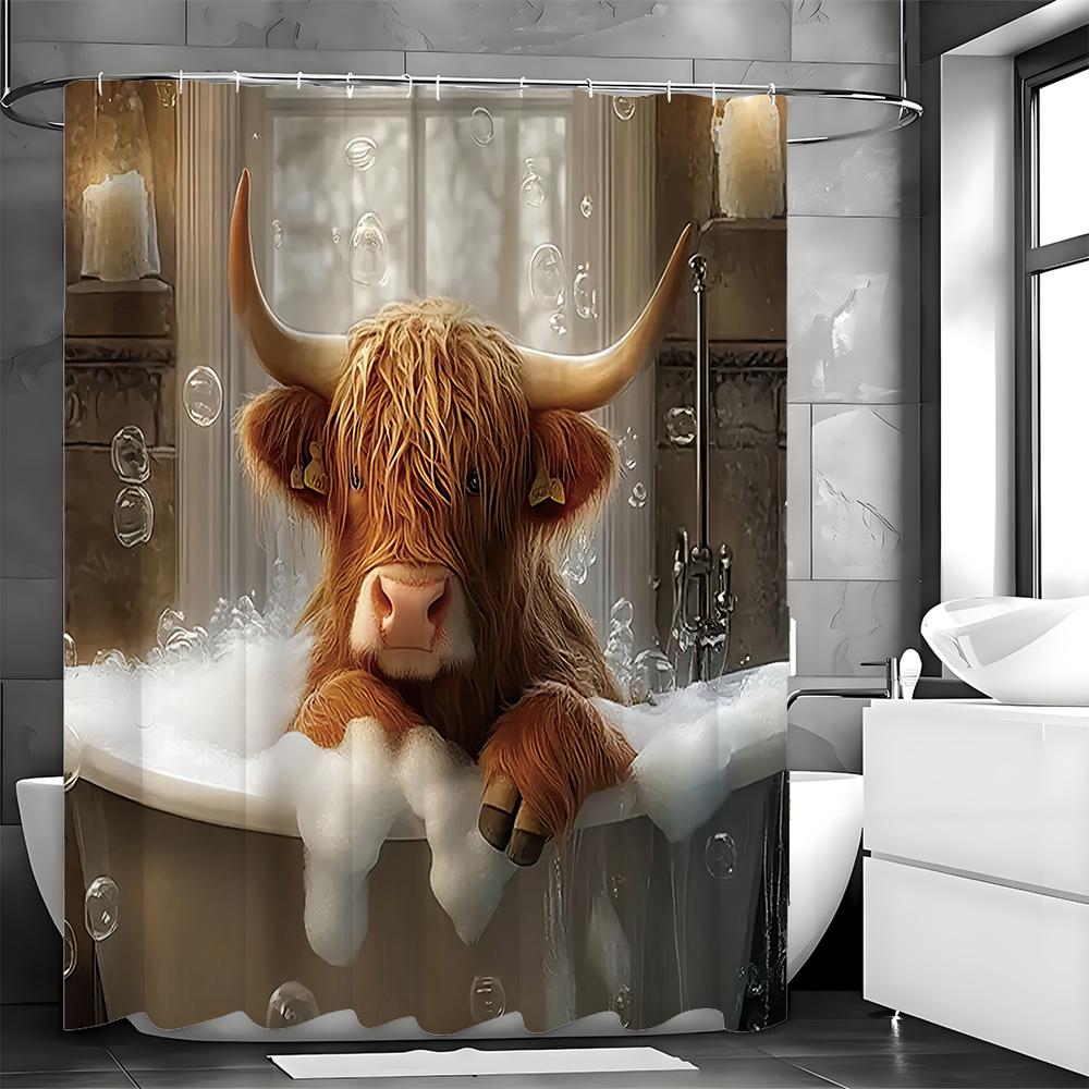 Funny Highland Cow Funny Animal Brown Calf Cute Cow Bubble Shower Curtain, Bathroom Decorative Shower Curtain, Waterproof Shower
