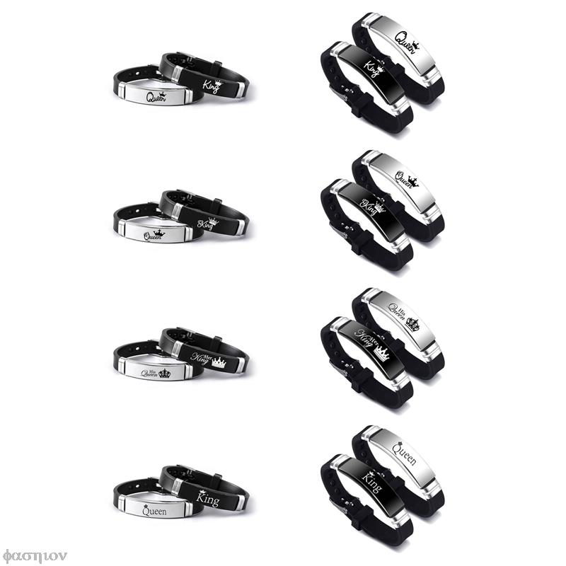 2 Pcs/Set Stainless Steel Crown Her King His Queen Trendy Sport Silicone Couple Bracelet Bangle Unisex Lover Bracelets Gift