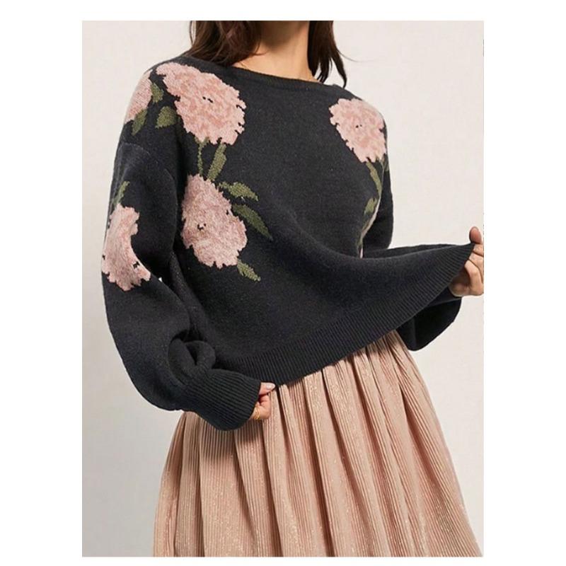 Women S Loose Round Neck Long Sleeve Knit Sweater Lazy Floral Pattern