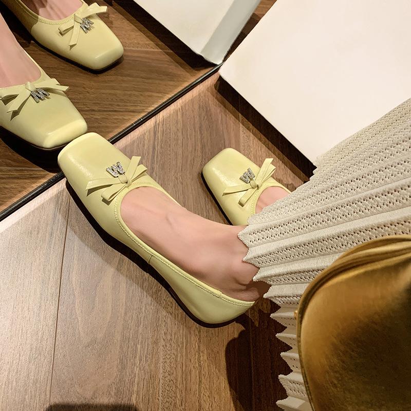 Low-heeled 1.5CM French Bow Shallow Mouth Single Shoe New Genuine Leather Loafers Casual Scoop Shoes With Bow Girl's Shoes 34-39