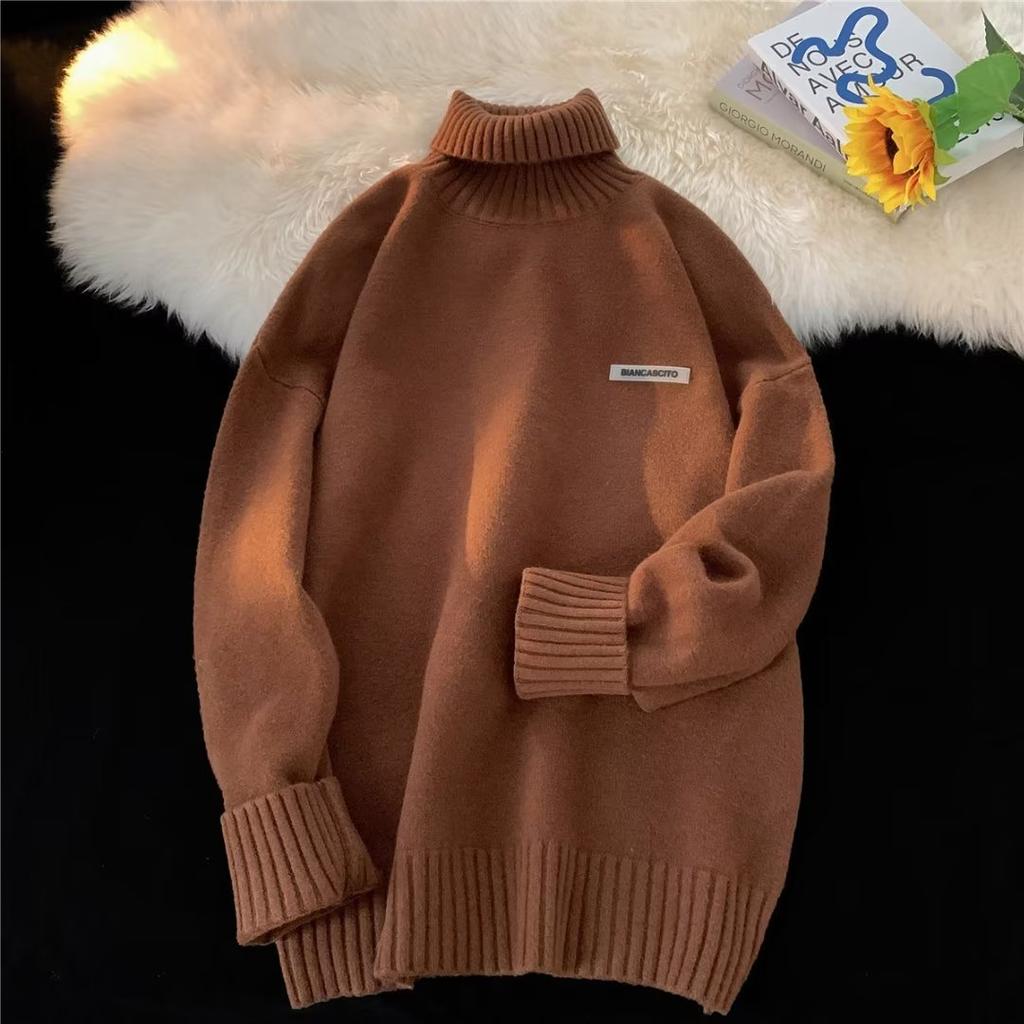 American Turtleneck Sweater Men's Autumn and Winter Thickened Loose Lazy Style High-end Knitted Sweater Japanese Retro Warm Interior