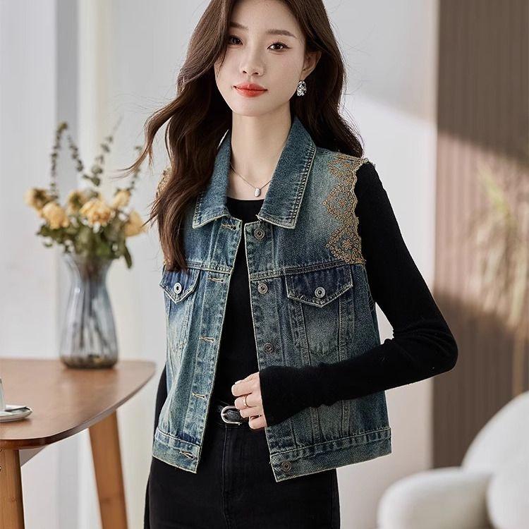Embroidered Denim Vest Jacket for Women Spring Autumn Sleeveless Chic Short Top