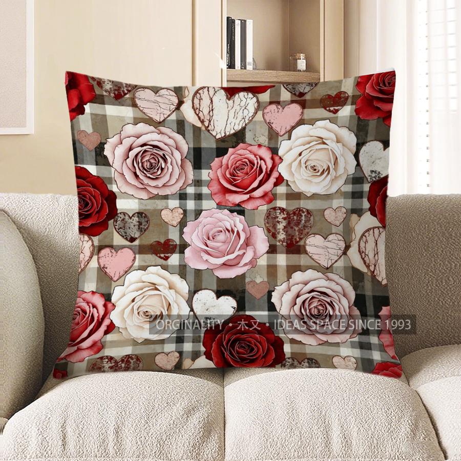 2D Rose & Heart Pattern Decorative Pillow Covers Pattern Cushion Cover Suitable For Sofa Bedroom Car Pillow Cover