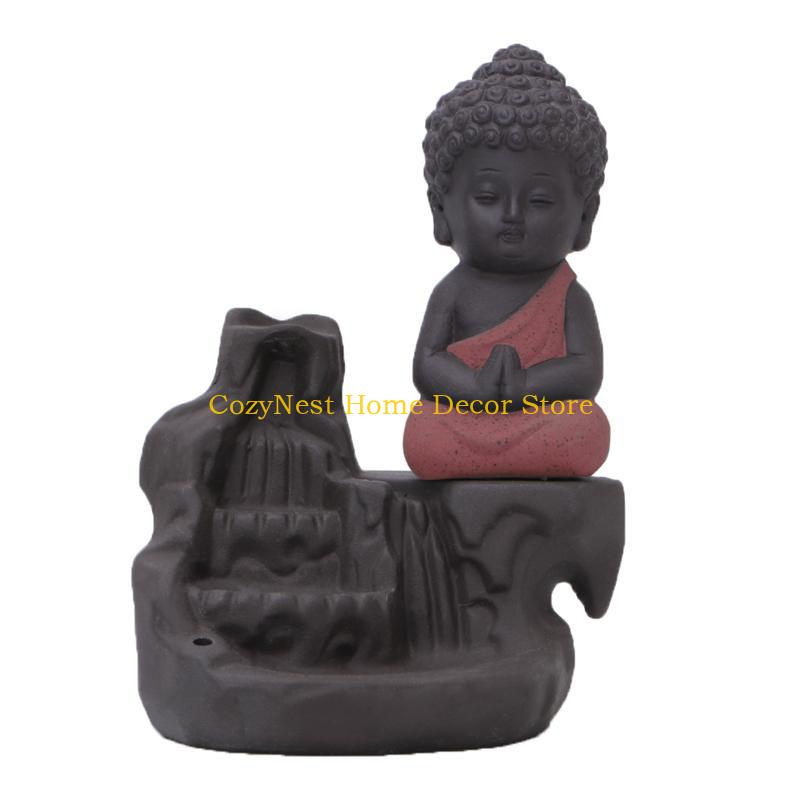92MF Ceramic Little Monk Smoke Backflow Cone Censer Holder Incense for Burner Decorat