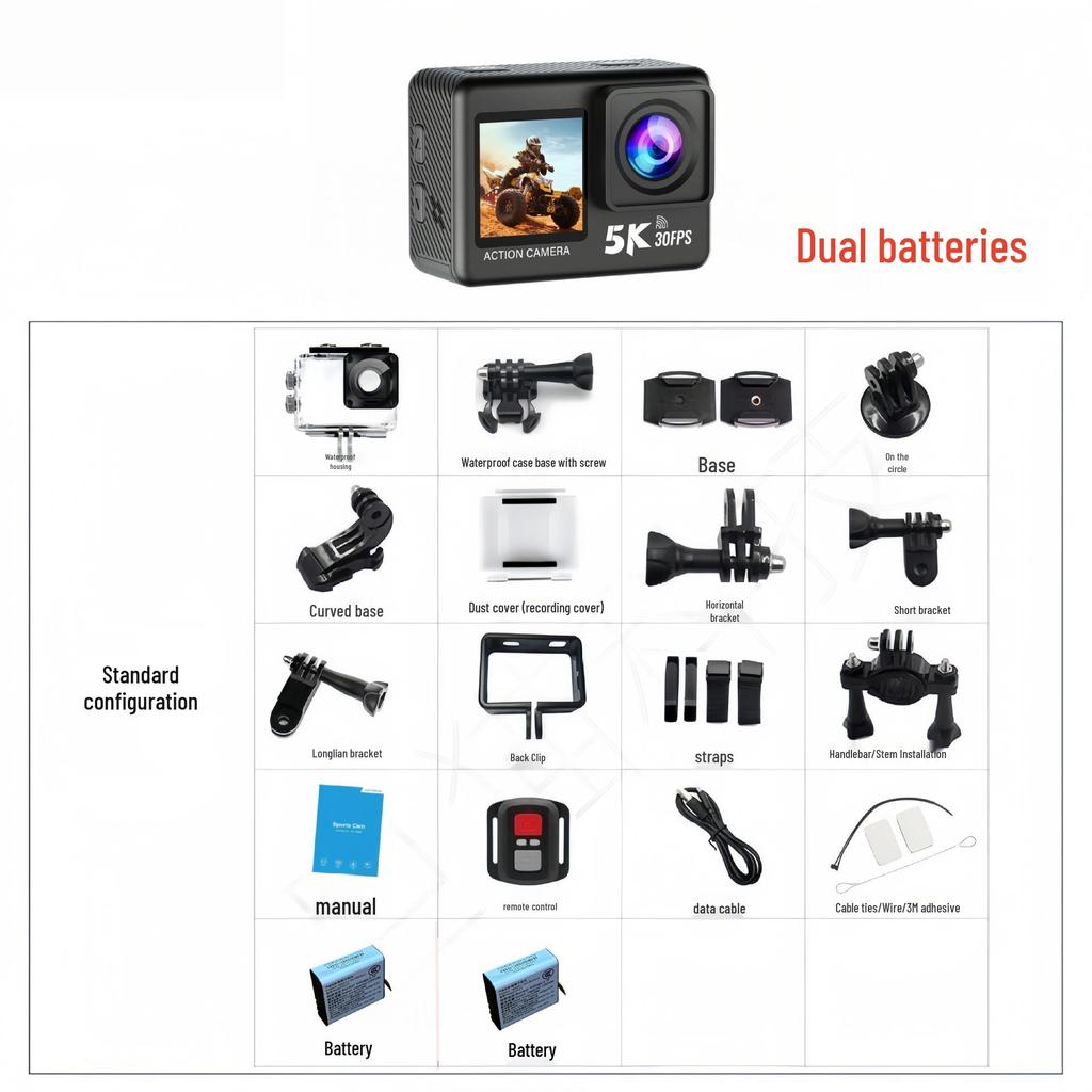 5K HD Sports Camera with Image Stabilization, Dual Color Screen & WiFi Remote for Outdoor Cycling