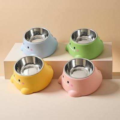 Cartoon Dinosaur 15° Tilted Pet Bowl Elevated Stainless Steel Dish with Neck Support Fun & Cute Feeder for Cats & Puppy