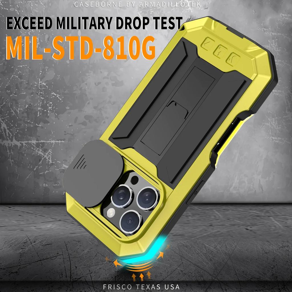 Armor Metal Phone Case for IPhone 17 16e 16 15 14 Plus 13 Pro Max Built-in Kickstand Screen Lens Protect Shockproof Guard Cover