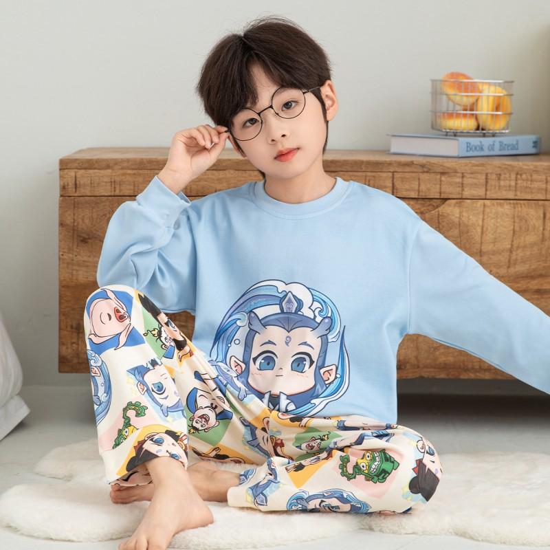 Boys Cotton Pajama Set Long Sleeve Cartoon Print Sleepwear Kids Teens Home Wear