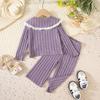 Girls' Autumn and Winter Knitted High Neck Lace Edge Patchwork Top+contrasting Pants Set, A Must-have for Casual and Versatile Outdoor Wear