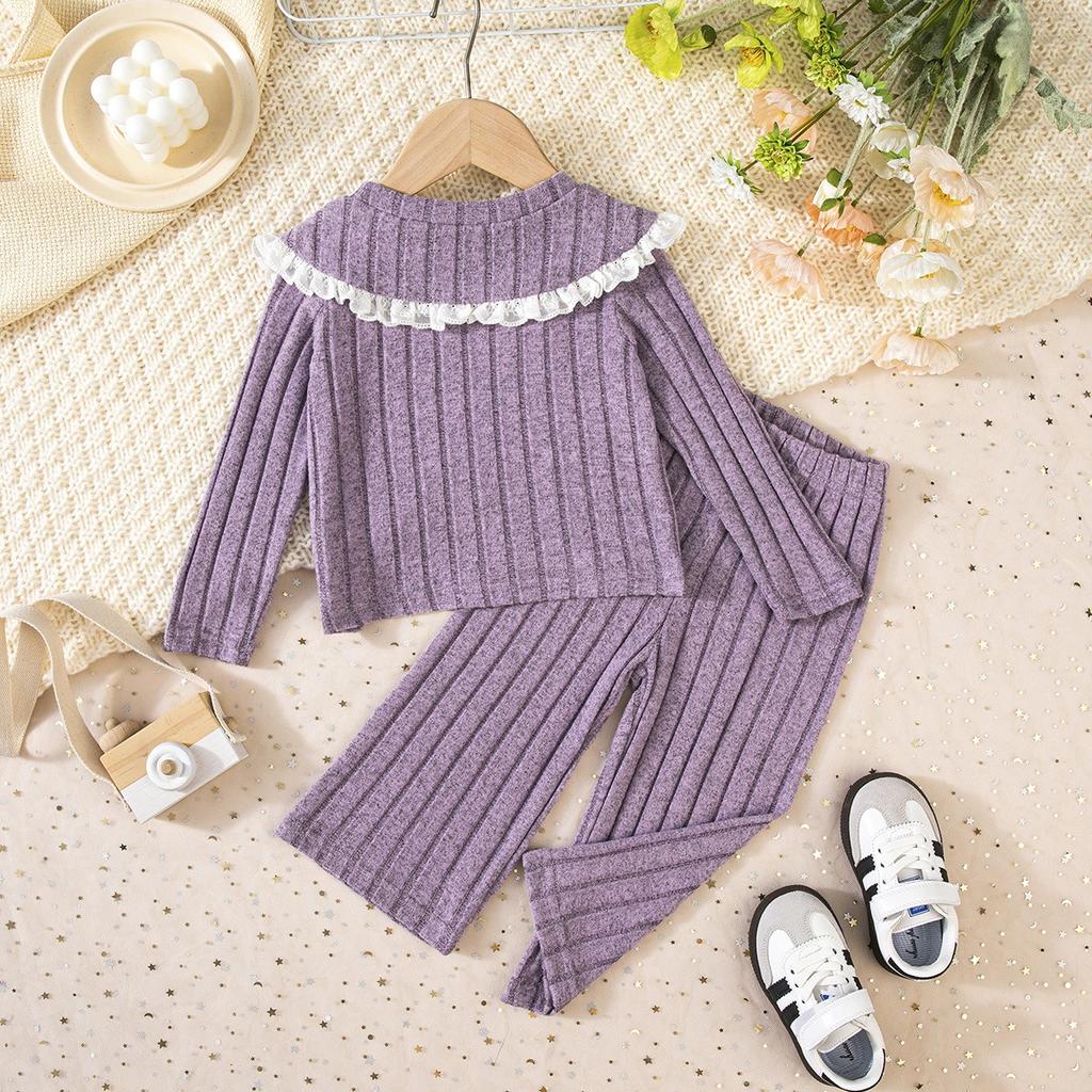 Girls' Autumn and Winter Knitted High Neck Lace Edge Patchwork Top+contrasting Pants Set, A Must-have for Casual and Versatile Outdoor Wear
