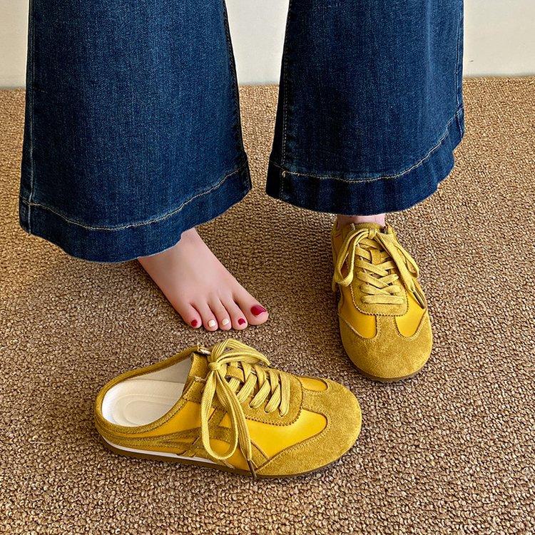 

Soft leather version~ ins casual suede lace-up German training shoes with one pedal and half slippers for women s versatile Muller single shoes 40