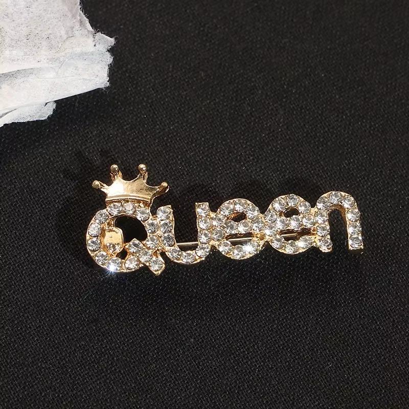 Cute Rhinestone Queen Brooches for Women Crown Letters CZ Crystal Party Label Pins Trendy Buckle Jewelry Gifts