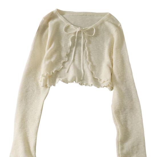 

Солнечный вязаный кардиган для женщин с завязкой спереди, длинным рукавом, из прозрачной сетки, пляжная накидка с оборками бежевый