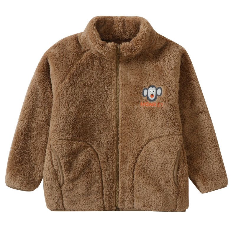 Children's Zip-Up Jacket for Autumn and Winter, Boys' and Girls' Coral Fleece Tops, Double-Sided Fleece, Stand-Up Collar Cardigan for Older Children