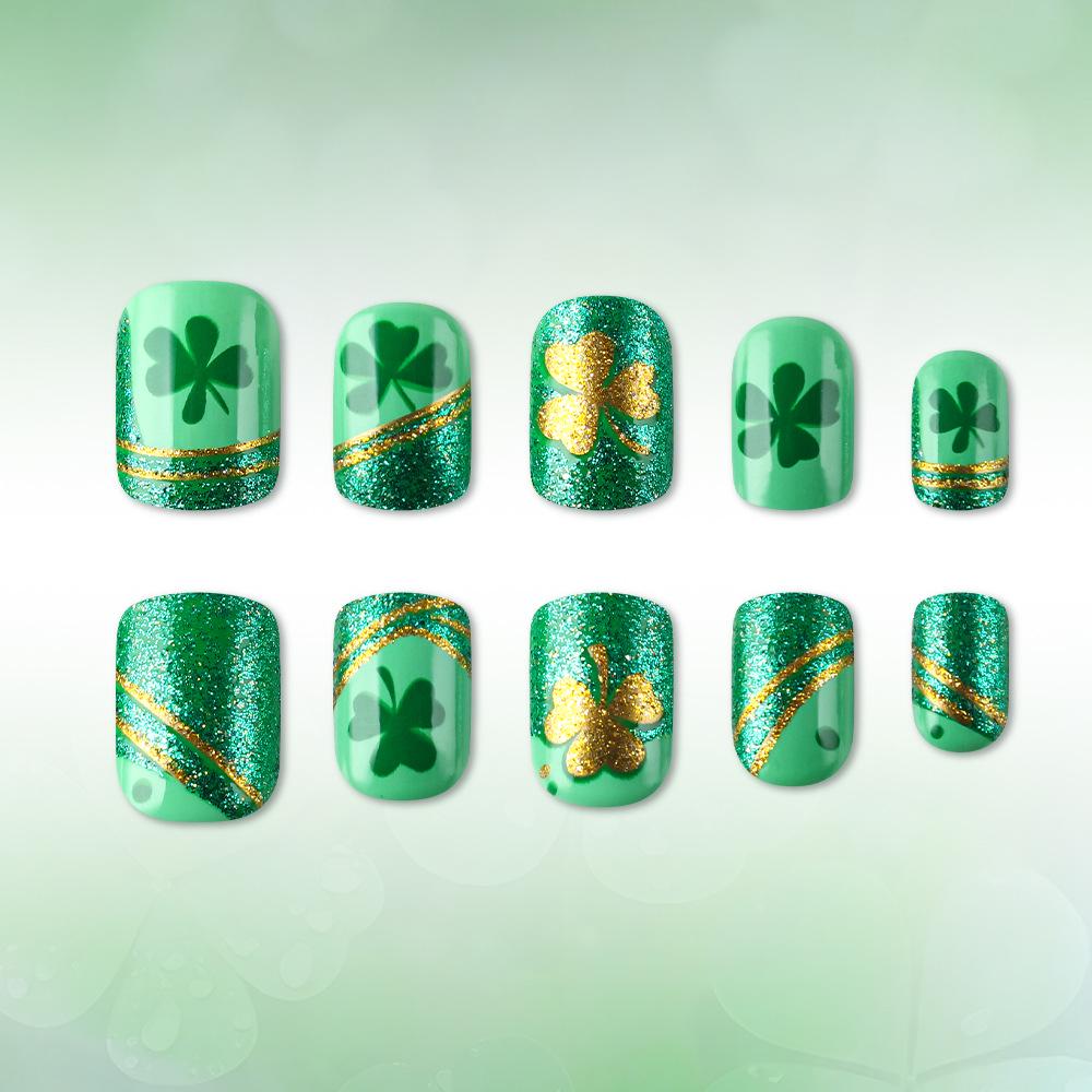 St. Patrick's Day Two-Color Gold Clover Nail Art Set - 24 Wearable False Nails
