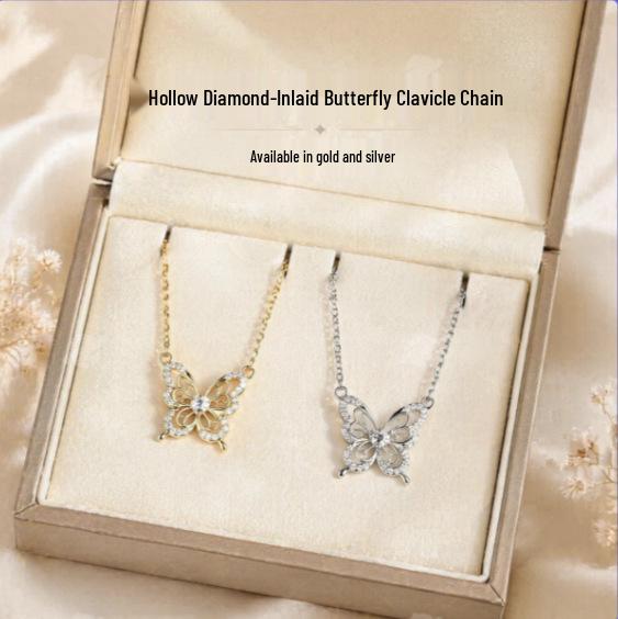 Elegant Butterfly Necklace with Diamond Inlay - Trendy and Versatile Gift for Her