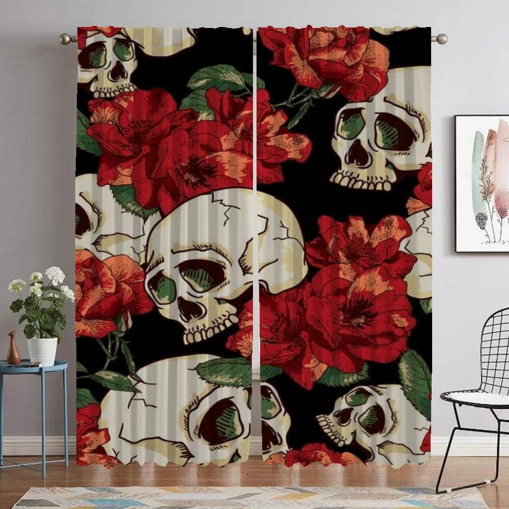 Mexico Flower Skull Anti-mosquito Curtains for Living Room Blackout Curtain for Room 2 Panel Halloween Decoration Partition Home