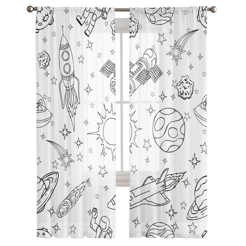 Spaceship Space Rocket Astronaut Earth Tulle Curtains For Living Room Kitchen Sheer Voile Curtain Bedroom Window Panels