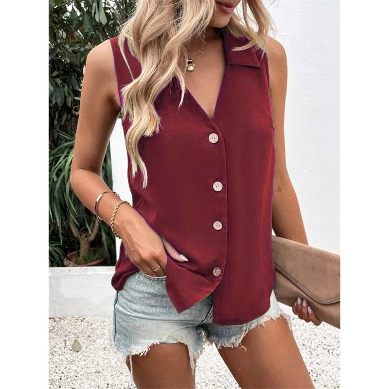 European Summer New Style Women's Blouse Solid Color V Neck Loose Chiffon Shirt Sleeveless Twisted Button Vest Shirt For Women