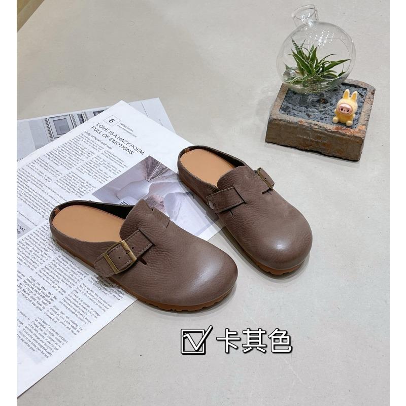 Cowhide bag head slippers women wear flat-bottomed retro lazy half-drag spring and autumn new soft-soled shoes