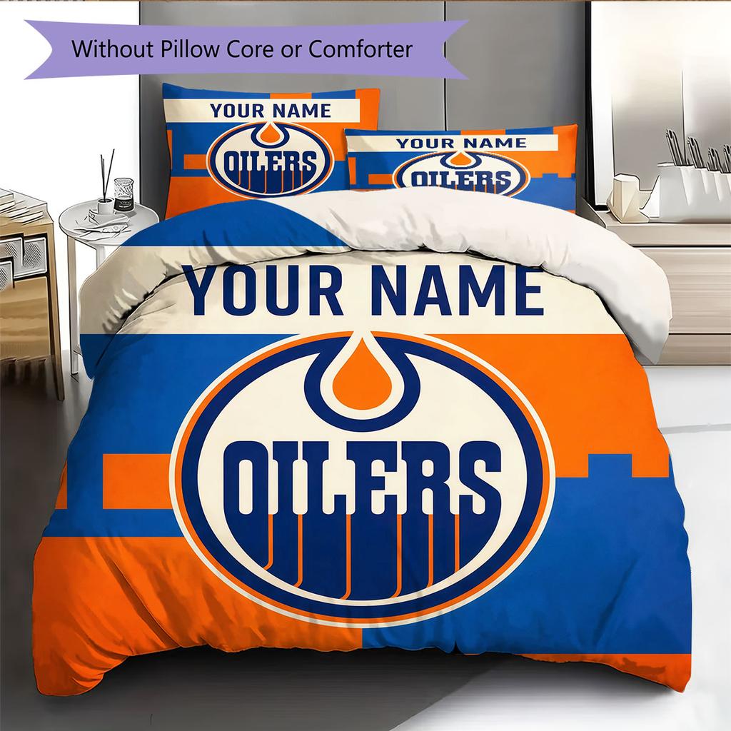 Custom Name,Edmonton Oilers Pattern Bedding Home Decoration Birthday Gift ( 1 Duvet Cover + 2 Pillowcase, Without Core),fan Merchandise.