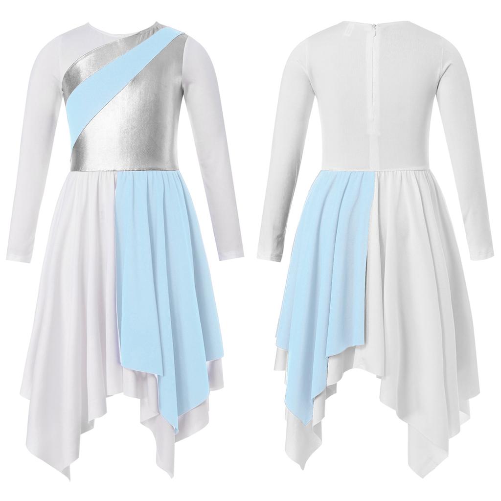 Crianças meninas manga longa brilhante metálico louvor túnica assimétrica vestido lírico traje de dança contemporânea