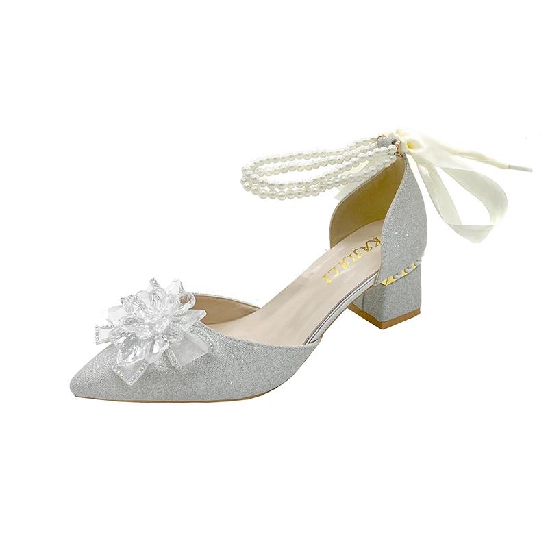 Elegant Fashion Pearl One Word Wedding Single Shoes New Pointed Toe Shallow Slip Rhinestone Bow Square Heels