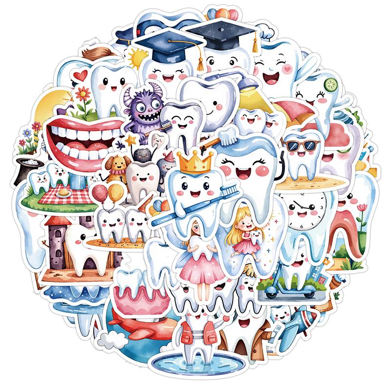 50 Sheets Protect Teeth Cartoon Stickers For Kids Students Graffiti Laptop Stationery Luggage Cute Sticker Dental Clinic Gifts