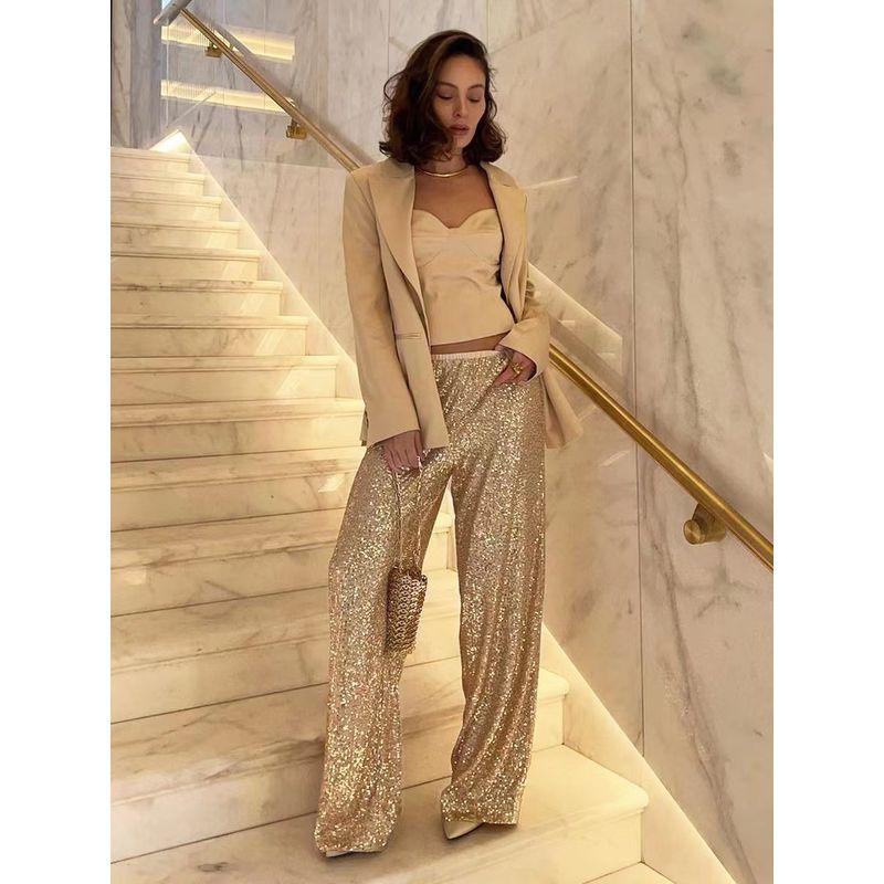 European and American Fashion Pearlescent Sequins Straight Mop Pants Fashion Sequin Straight Leg Pants