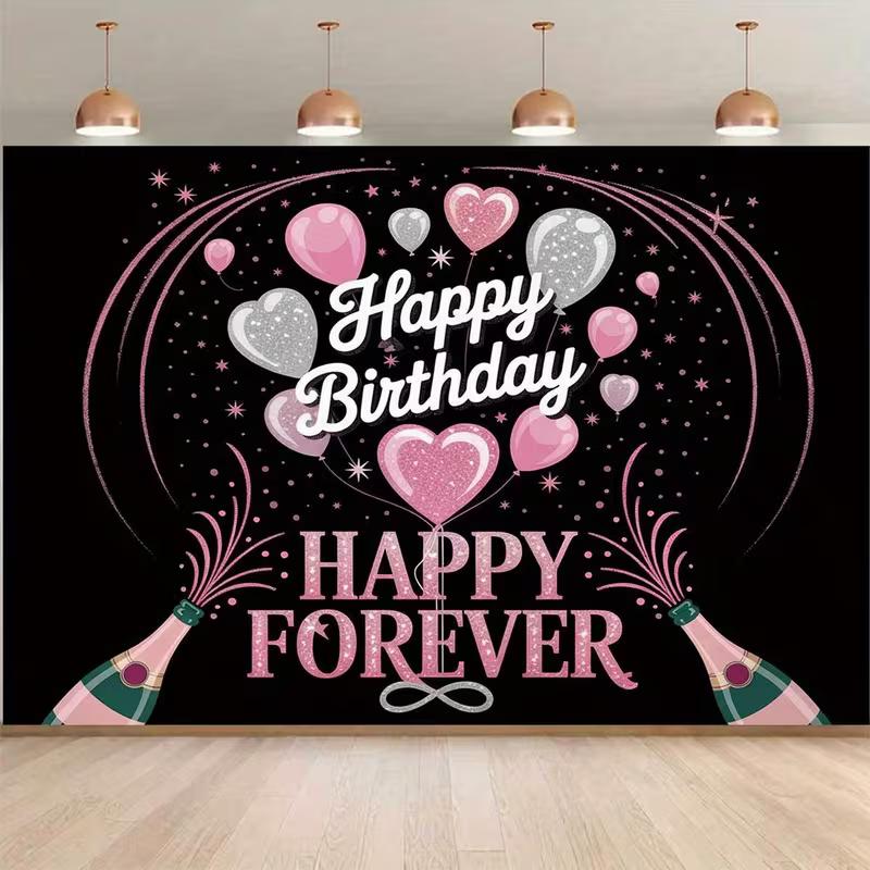 2D Happy Forever Birthday Backdrop, 2D Pink Silver Party Background for Photoshoot