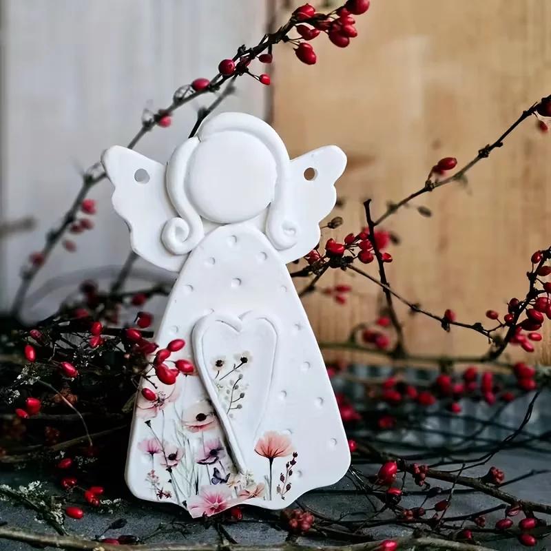 A Top Quality DIY Faceless Angel Silicone Mold Christmas Tree Hanging Ornament Plaster Concrete Resin Mould Heart Dot Texture