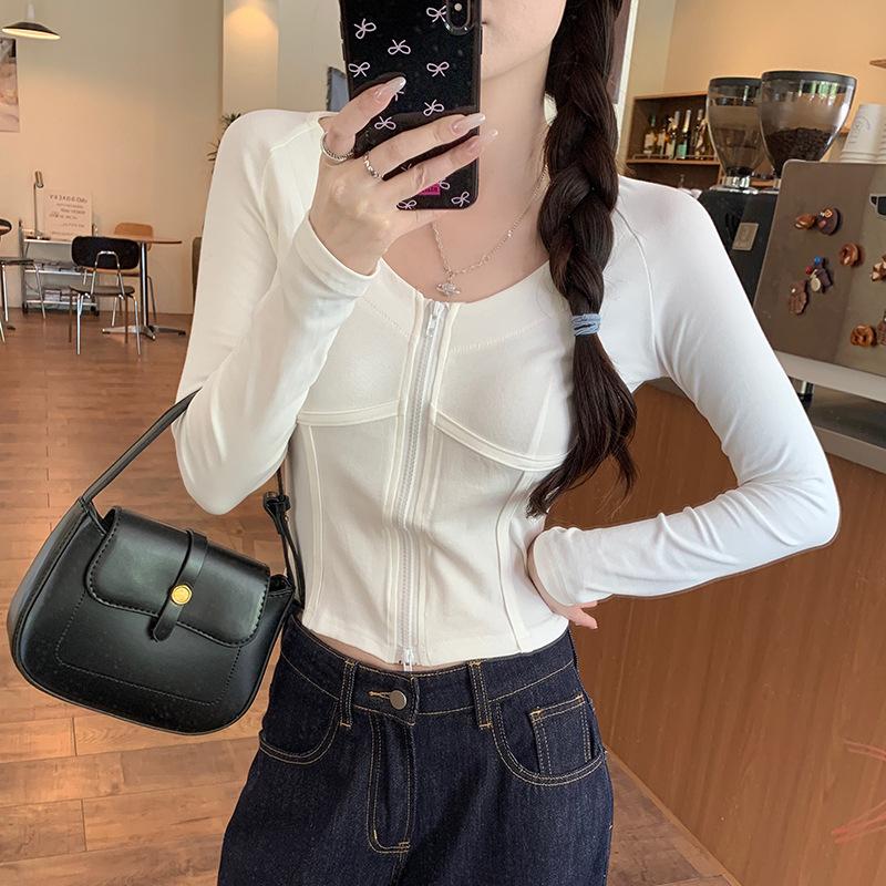 1 * 1 thread 210g, cotton 93% elastane 7% autumn and winter thin zipper V-neck slim fit solid color bottoming shirt top
