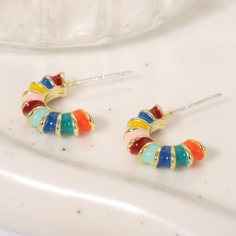 Waterproof Colourful Enamel Stainless Steel Metal Hoop Earrings Summer Temperament Unique Texture Jewelry