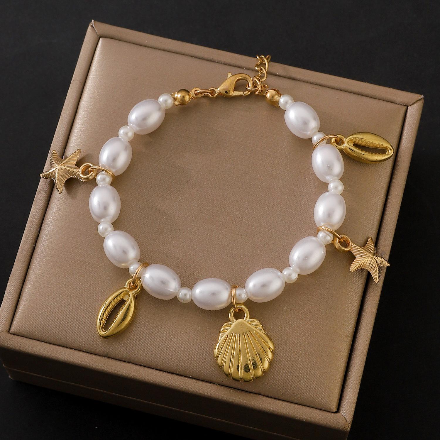 

Summer Beach Trendy Shell Starfish Irregularity Pearl Chain Bracelets for Women Gold Color Metal Charms Bracelet Party Zircon