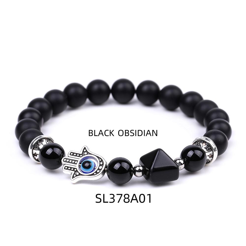 Women's Amethyst Pyramid & Hand of Fatima Bracelet with Devil's Eye & Agate Tiger Stone