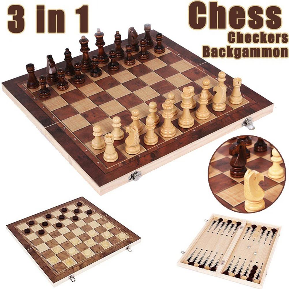 3 in 1 Internationales Schach Backgammon Faltbares Holz Großes Schachbrett Spiel Kinder Entwicklung Strategisches Denken Spielzeug für Jungen Mädchen