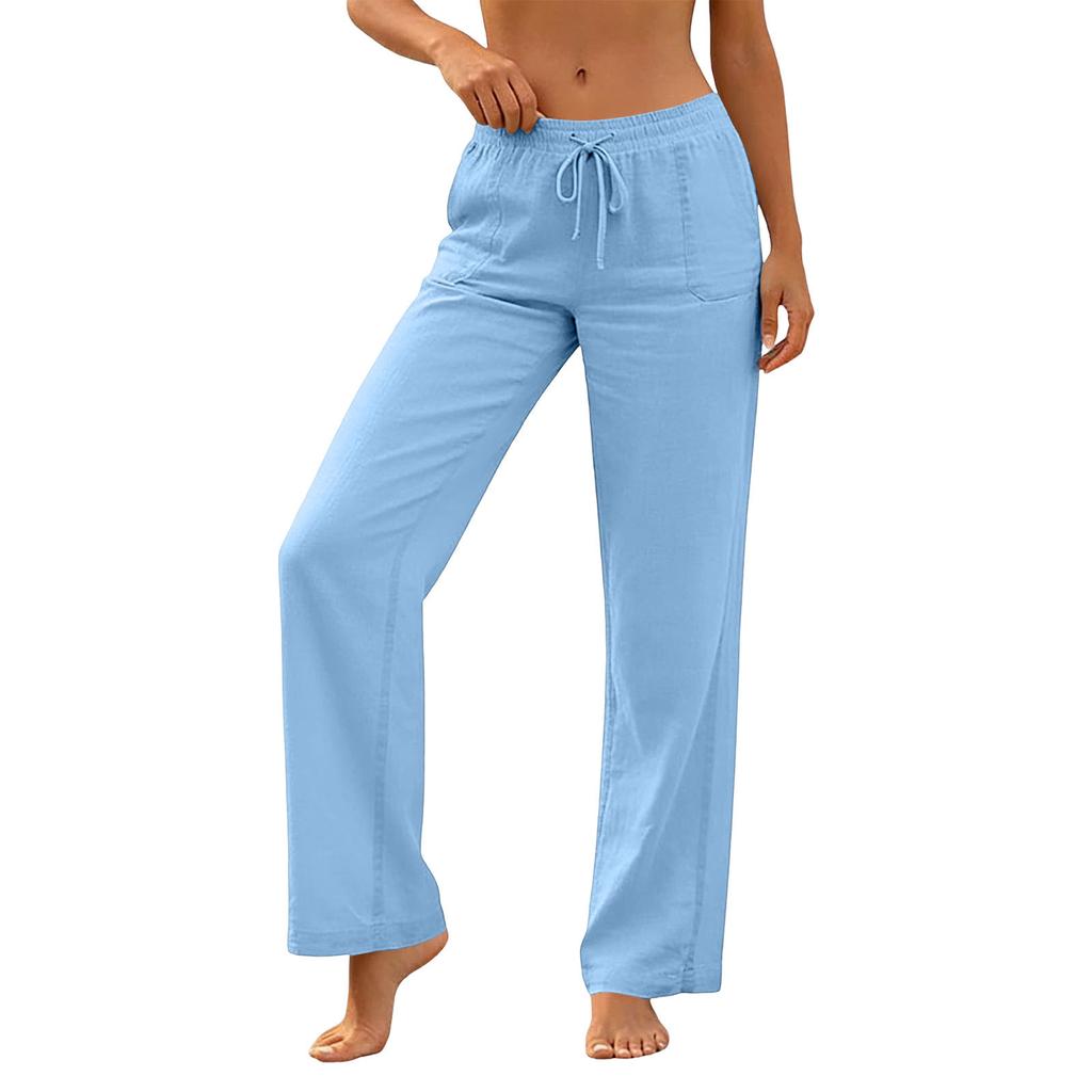 Pantaloni Casual da Donna a Vestibilità Larga con Coulisse in Vita, Tasche, Gamba Larga, Lunghezza Intera, in Misto Cotone e Lino, per l'Uso Quotidiano