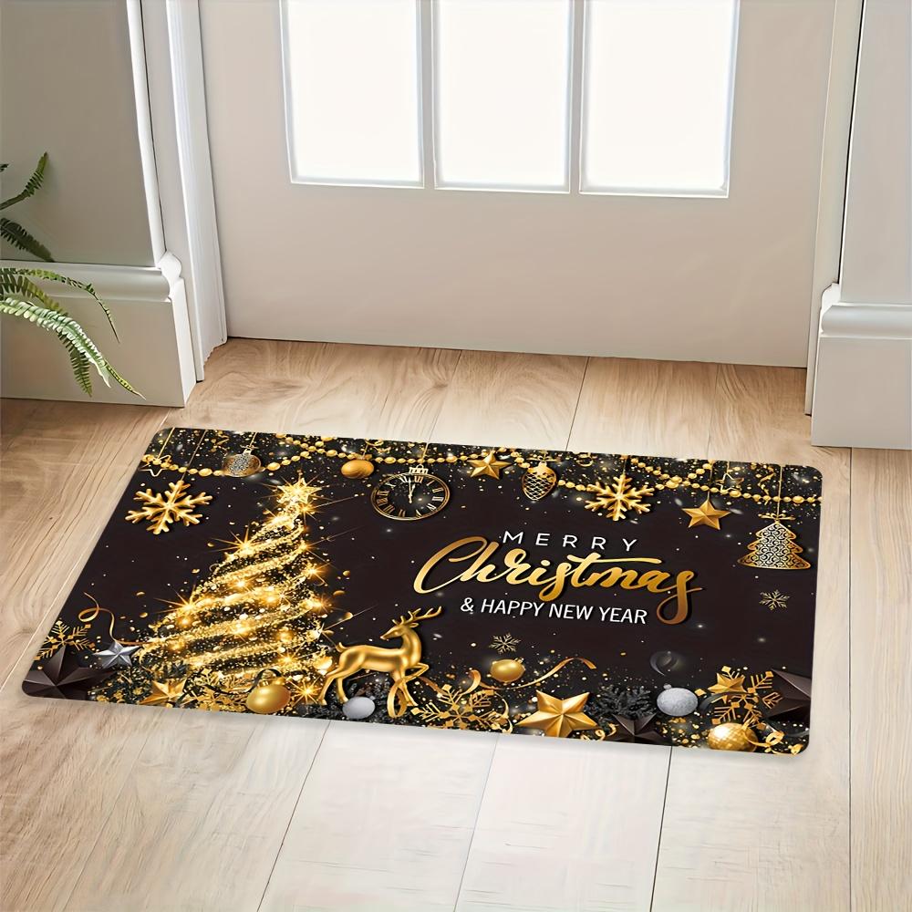 1pc Premium Flannel Christmas-Themed Mat, Luxurious Golden Tree and Reindeer Design Doormat, Non-Slip & Washable Mat for Living