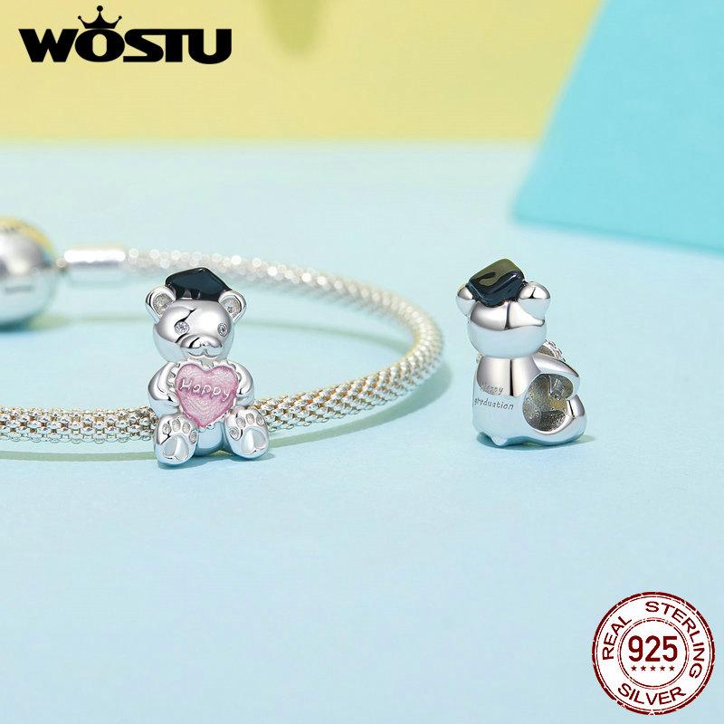 WOSTU 925 Sterling Silver Bear Charms Baby Bottle Set Pendant Fit Original Bracelet for Graduation DIY Jewelry Wishes Gifts