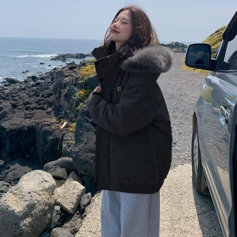 

Новая короткая пуховая хлопковая одежда повседневная новая мужская и женская одинаковая пуховая хлопковая одежда куртка меховой воротник S