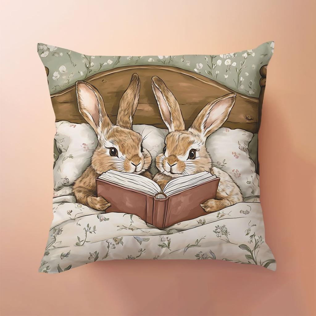 1Pc Vintage Rabbit Reading Together Themed Printed Throw Pillow Cover, Suitable For Sofa, Bedroom, Living Room, Study Room