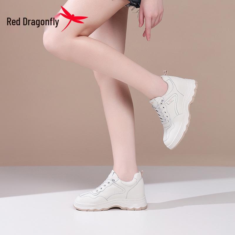 Red Dragonfly Women's White Leather Dad Shoes - Thick Sole, Hidden Height, Non-Slip Casual Sports Shoes for Autumn